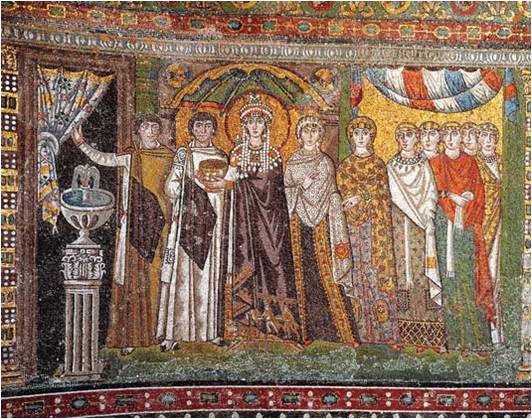 Феодора со свитой. Мозаика церкви Сан Витале. Равенна. 6 в.