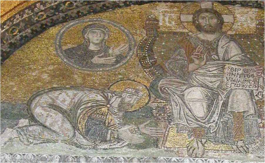 Мозаики церкви св.Софии. Лев мудрый перед Христом. 9 в.