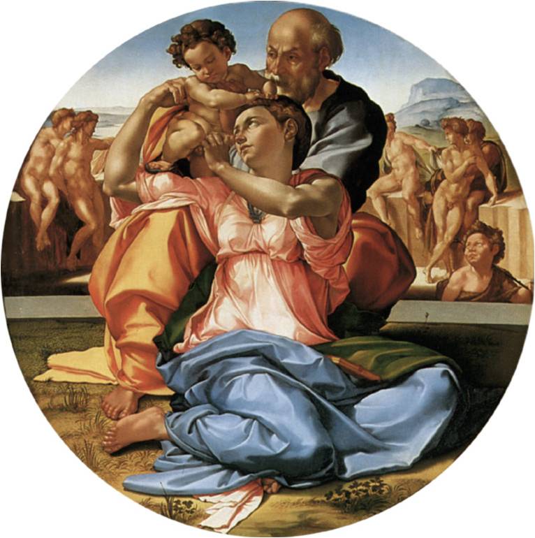 Святое семейство (Мадонна Дони) . 1503—04  Дерево, темпера. Диаметр 120 см  Галерея Уффици, Флоренция.